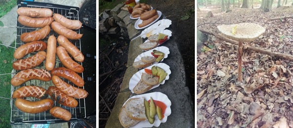 Na zdjęciach widać poczęstunek serwowany na wycieczce: pieczone kiełbaski, chleb ze smalcem oraz zdjęcie kani