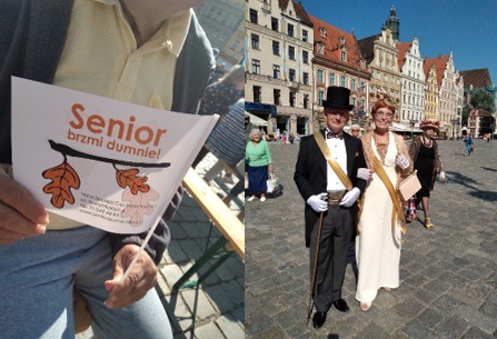 Obchody Dni Seniora. Mieszkaniec siedzi na pl. Gołębim w Rynku, trzyma chorągiewkę papierowa w ręce z logo Dni Seniora oraz Para Królewska Seniorów